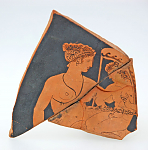 Die Liebesgöttin Aphrodite und der kleine Liebesgott Eros, attisch-rotfigurige Scherbe des sog. Jenaer Malers, um 400 v. Chr.