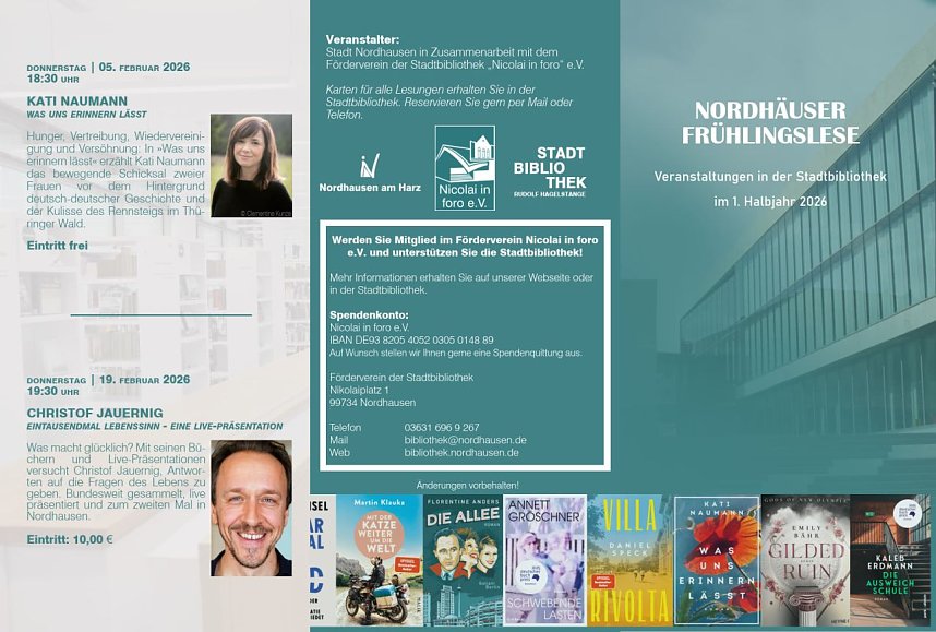 Nordh&auml;user Fr&uuml;hlingslese - Veranstaltungsprogramm der Stadtbibliothek f&uuml;r das 1. Halbjahr 2026